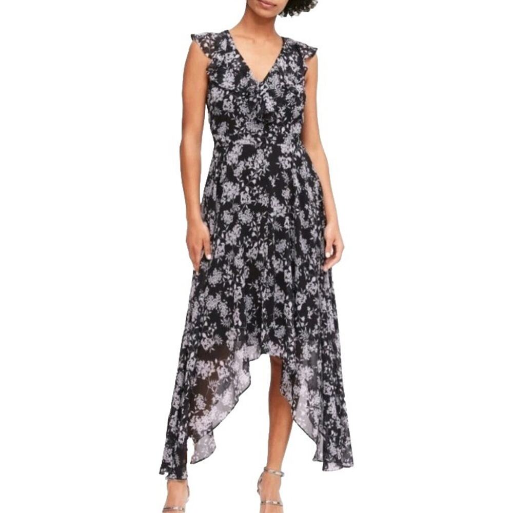 Banana Republic Floral Ruffle Handkerchief Maxi Dress Black White Size 12 Boho